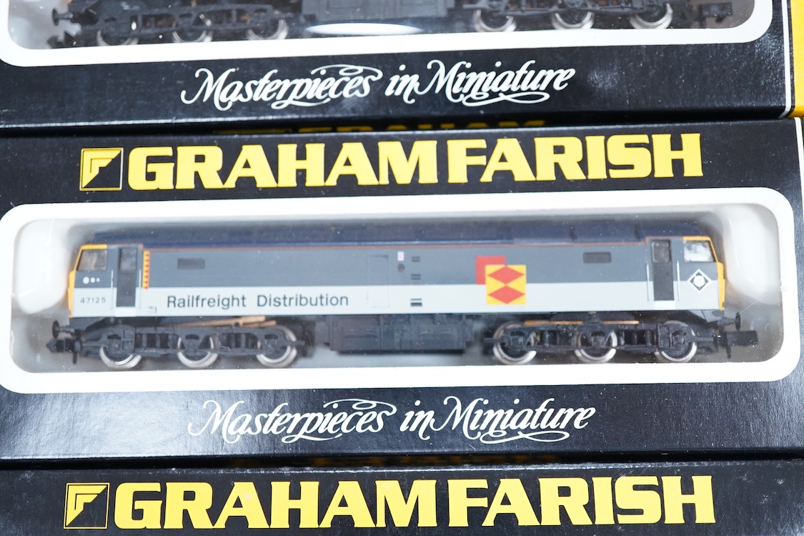 Four boxed Graham Farish N gauge railway Class 47 diesel locomotives; a Waterman Railways Heritage Class, Lady Godiva 47 710 (8022), a Network SouthEast, 47 598 (8024), a Rail Express, 47 594 (8025) and a Railfreight Dis